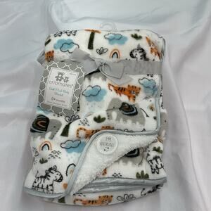 Cribmates Baby Blanket White Gray Satin Jungle Zoo Safari Animal Elephant Zebra